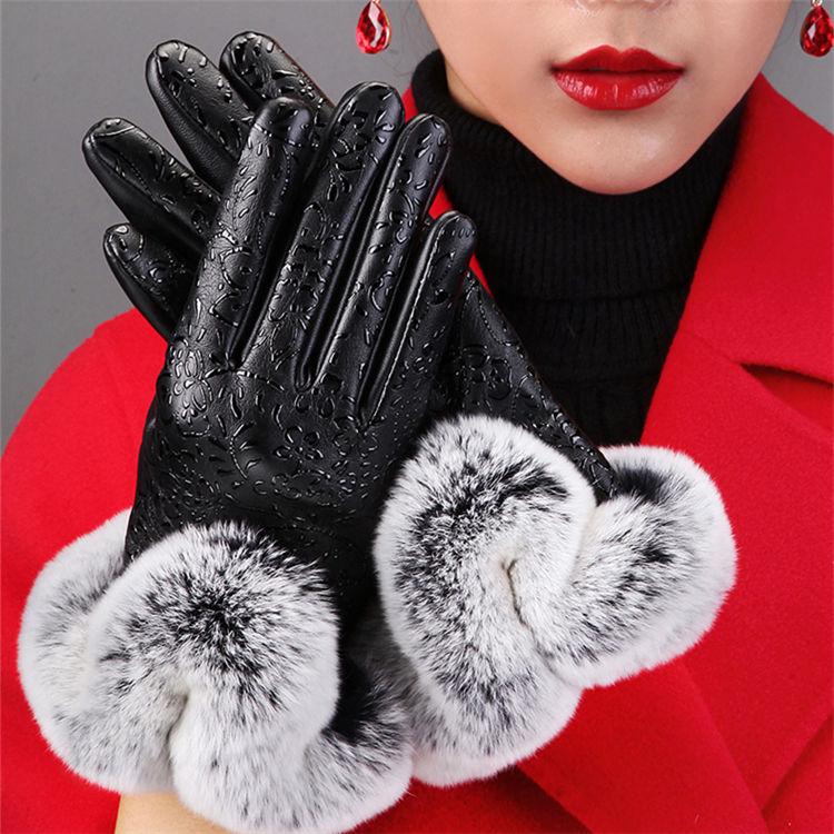 Leather gloves Thick gloves Woman fashion gloves Plush Cotton gloves Windproof gloves Winter Warm