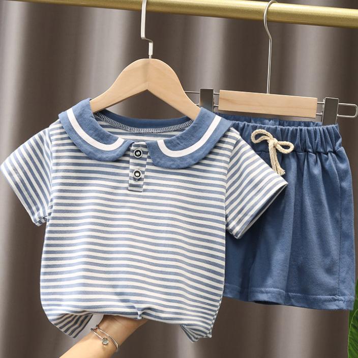 Summer Korean Short Sleeve Children's Suit Boys' and Girls' 0-4-year-old Turn-down Neck Striped T-shirt Shorts Two-piece Children's Suit