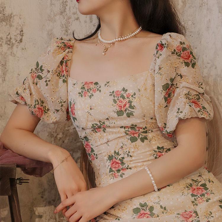 Female Vintage High Waist Super Fairy Holiday Dress Elegant Hollow Out Embroidery Split Party Dress