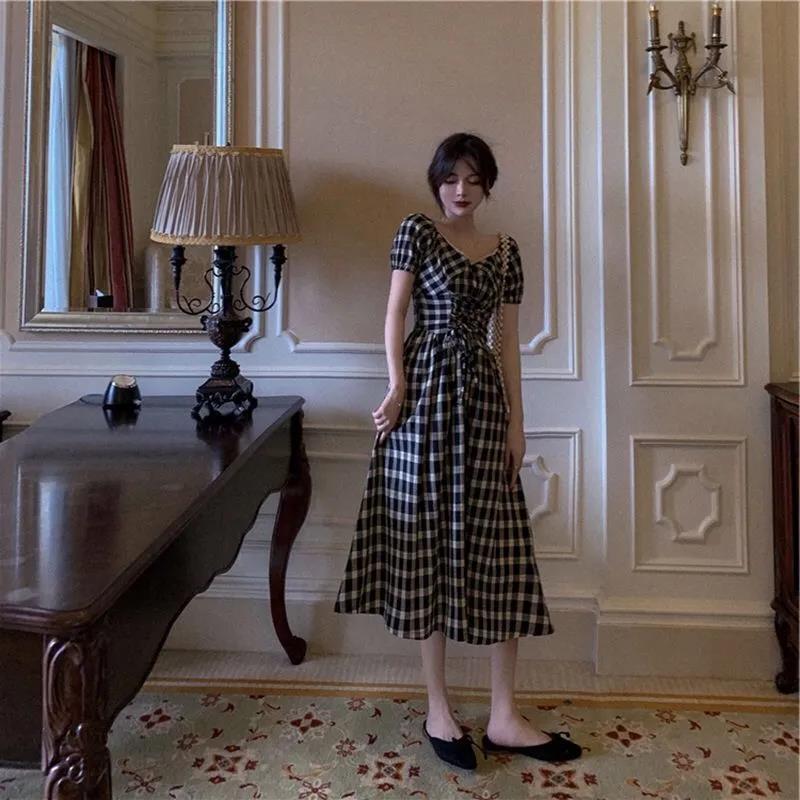 Female Vintage High Waist Super Fairy Holiday Dress Elegant Slim Pleated Retro Plaid Party Dress