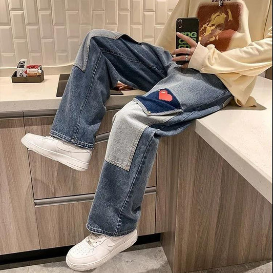 Tide Brand Straight Jeans Men's Spring and Autumn Trend All-match Pants Loose Mopping Trousers Love Design Wide-leg Pants