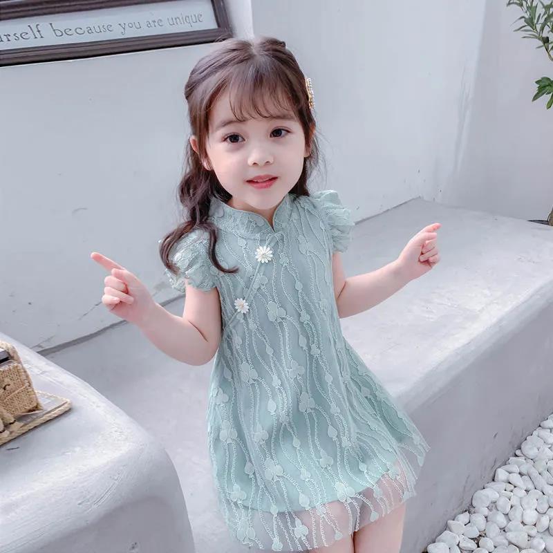 Girls Summer Sleeveless Dress Hanfu Princess Dress Guzheng Lace Skirt Chinese Style Baby Costume Sweet Dress