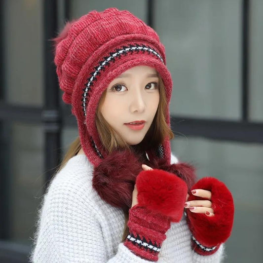 Women's Winter Hats Gloves Korean Knitted Caps Warm Woolen Caps All-match Sweet Cute Padded Ear Caps Rabbit Fur-blend Ball Hats Beret Hats Gloves Set