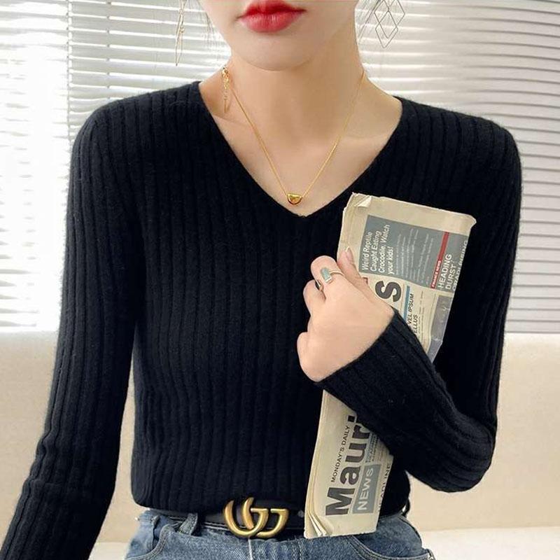 V-neck Bottoming Shirt Women's Autumn and Winter Wear A New Slim and Thin Knitted Long-sleeved Korean Version of The Wild Striped Shirt