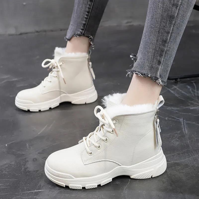 Women's Boots 2021 Autumn Winter Plus Velvet Martin Boots Mid-heel Thick Heel Lace Thick-soled British Style Short Boots White