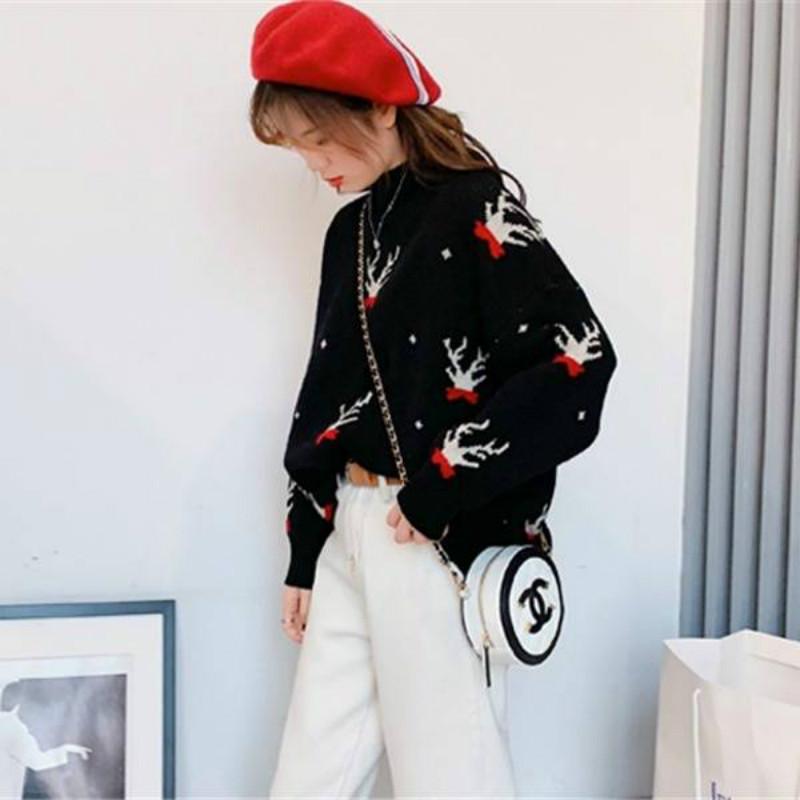 Pofulove Red Half Turtleneck Sweater Lovely Elk Christmas Loose Sweater Long-sleeved Autumn Winter