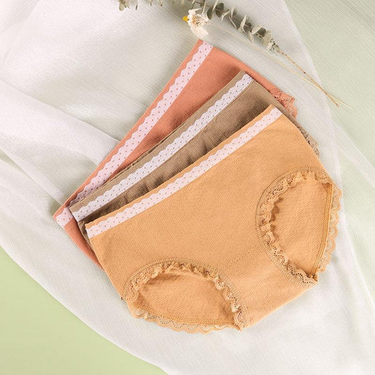 4Pcs/Set Women's Soft Underpants Casual Mid-waist Solid Color Cotton Crotch Solid Color Lace Briefs