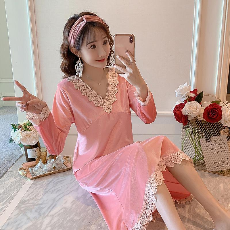 Nightdress Female Gold Velvet Fabric Soft Sexy V-neck Long Skirt Long Sleeve Lace Pajamas Female Spring Mid-length Luxury Autumn and Winter