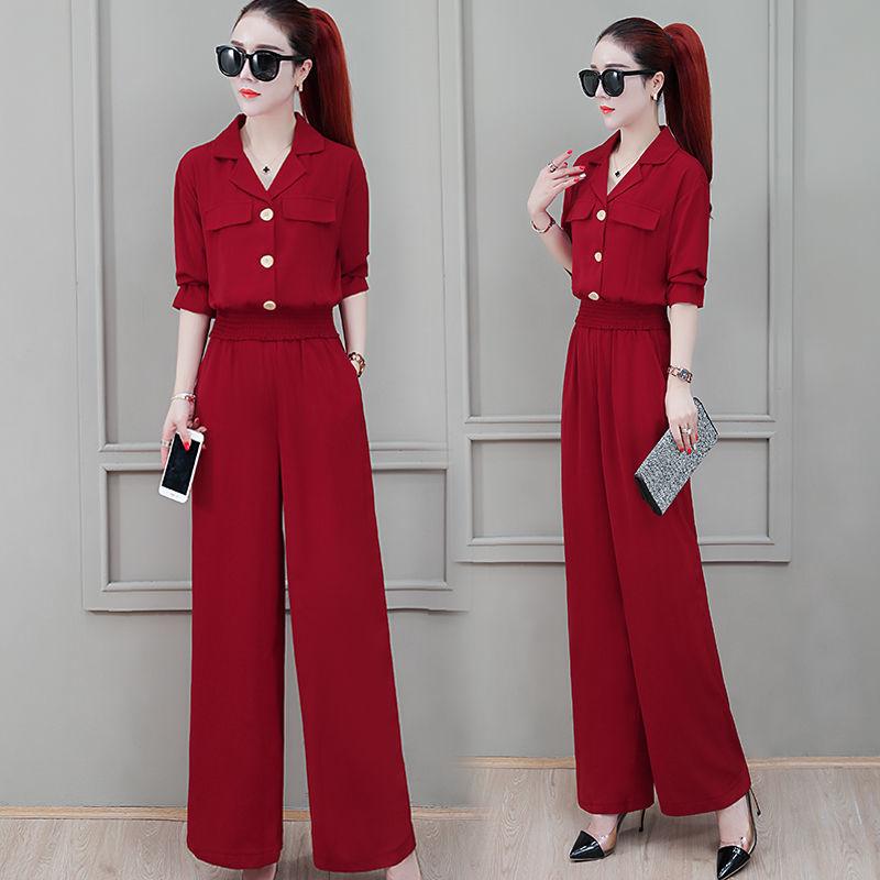 Two-piece Wide-leg Pants High-waisted Chiffon Suit Shirt High-waisted Wide-leg Pants Large Size Loose and Thin Chiffon Fabric Light and Breathable