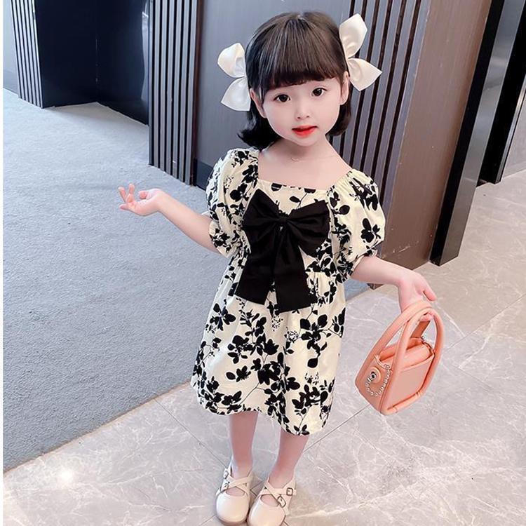 Children Dress Spring Summer Girls' Bow Chiffon Dress Floral Skirt Short Sleeve Girdle Princess Skirt A-line Dress