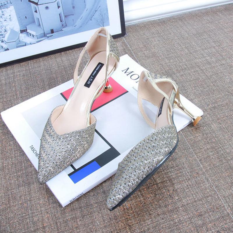 Spring Mid-heel High Heels Women's Shoes Pointed Toe Sexy Female Stiletto Hollow Sequin Party Shoes