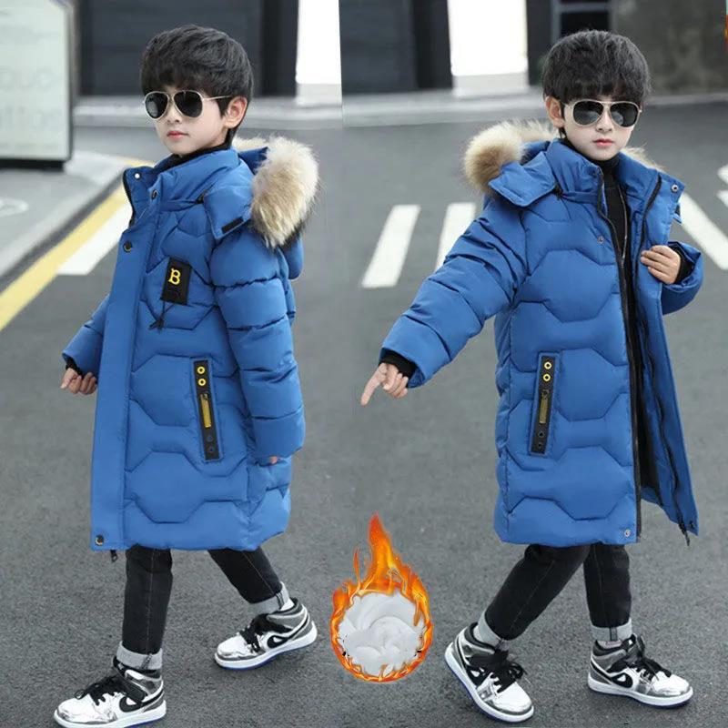 Boys Winter Jacket New Cotton-padded Clothes Big Boys Handsome Clothes Mid-length Velvet Thick Warm Jacket