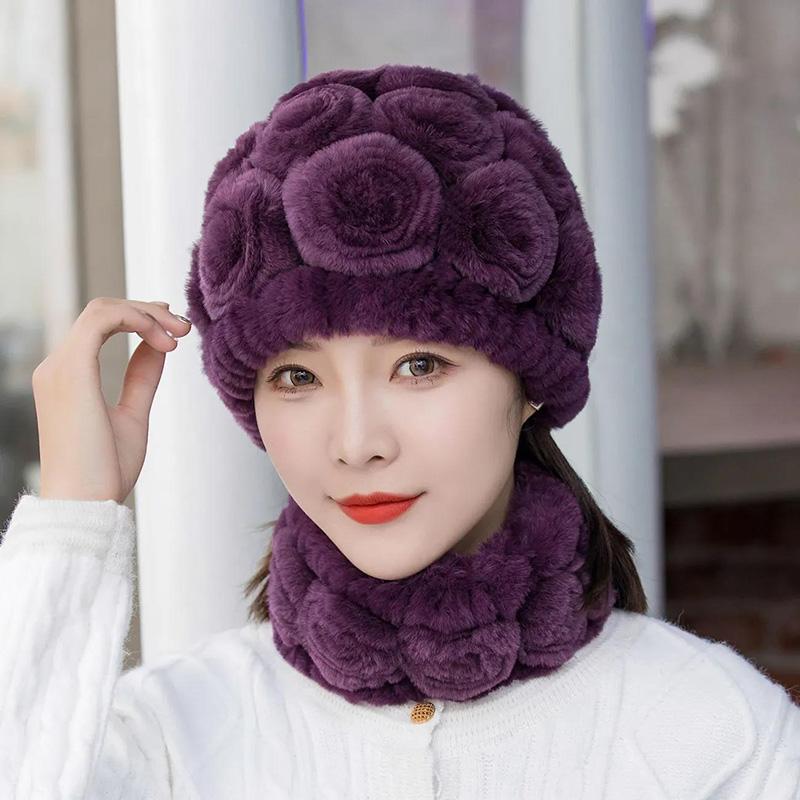 Women's Vintage Rex Rabbit Fur Floral Hat Scarf Set Warm Floral Vintage Autumn Winter Fur Hat All-match Ear Protection Hat Knitted Fur Caps Scarf Set