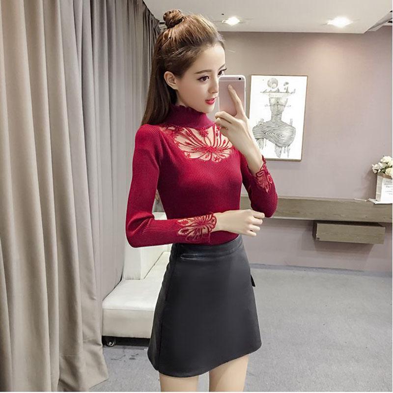 Autumn and Winter Korean Sexy Hollow Diamond-studded Sweater Women's Pullover Sweater Stretch Mesh Embroidery Lace Base Sweater