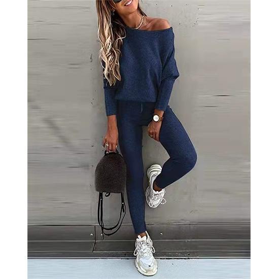 2PCS Women's Solid Color Casual Suit Slanted Shoulder Long Sleeve Loose Top Tie Sports Jogging Trousers Two-piece Suit Workout Clothes Set