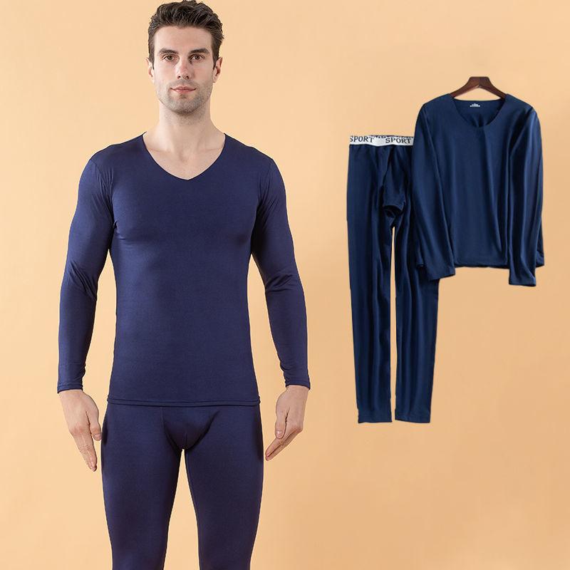 Men Winter Thermal Underwear V-neck Tops Pants Male Autumn Clothes Tight Suit Thicken Windproof Comfortable Soft Lining Long Sleeve High Elasticity