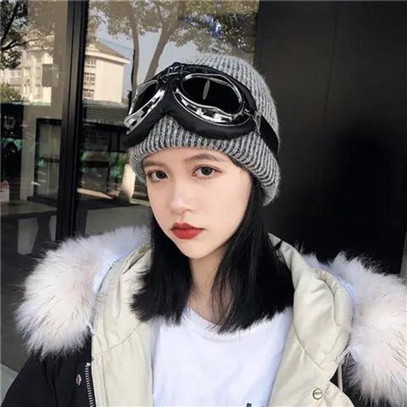 Winter Women's Fashion Aviator Glasses Ski Hat Warm Knitted Hooded Hat Casual Thick Woolen Hat