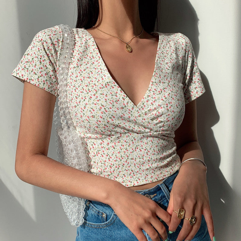 Summer French Retro Floral V-neck Short-sleeved T-shirt Slim Slimming Wild High Waist T-shirt Women's Top