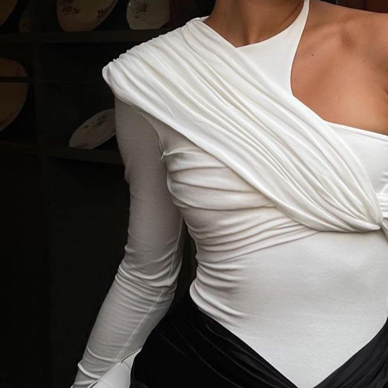 Sexy Pleated Jumpsuit One Shoulder Backless Twist Bodysuits Women Long Sleeve Top Slim High Waist Bodysuit Club Party Skinny Tee