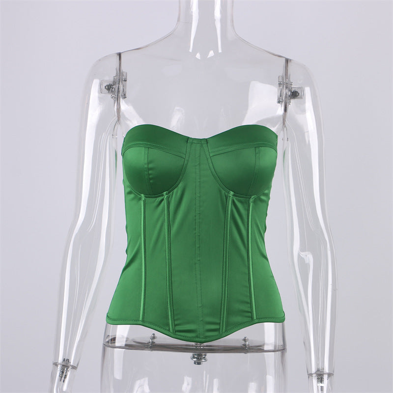 Satin Corset Off Shoulder Crop Tops Green Strapless Summer Sexy Tube Party Sleeveless Bustier Tank Top Women Solid Halter Tee