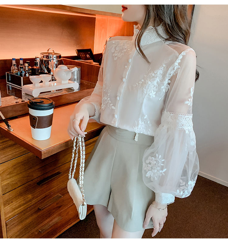 Sweet Lace Chiffon Shirts Elegant Patchwork Solid Spring Summer 2022 Stand Collar Long Lantern Sleeve Cardigan Women's Clothing