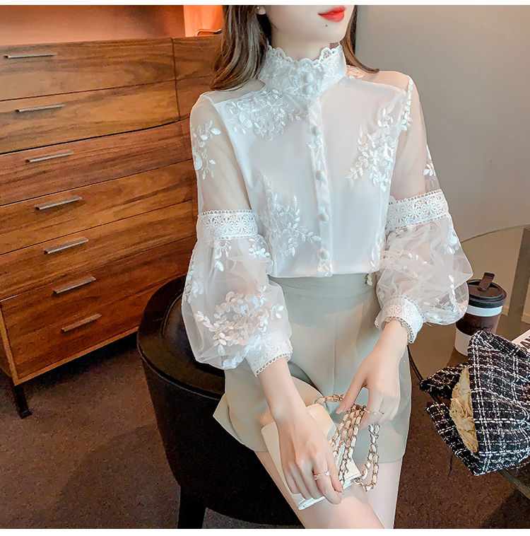 Sweet Lace Chiffon Shirts Elegant Patchwork Solid Spring Summer 2022 Stand Collar Long Lantern Sleeve Cardigan Women's Clothing