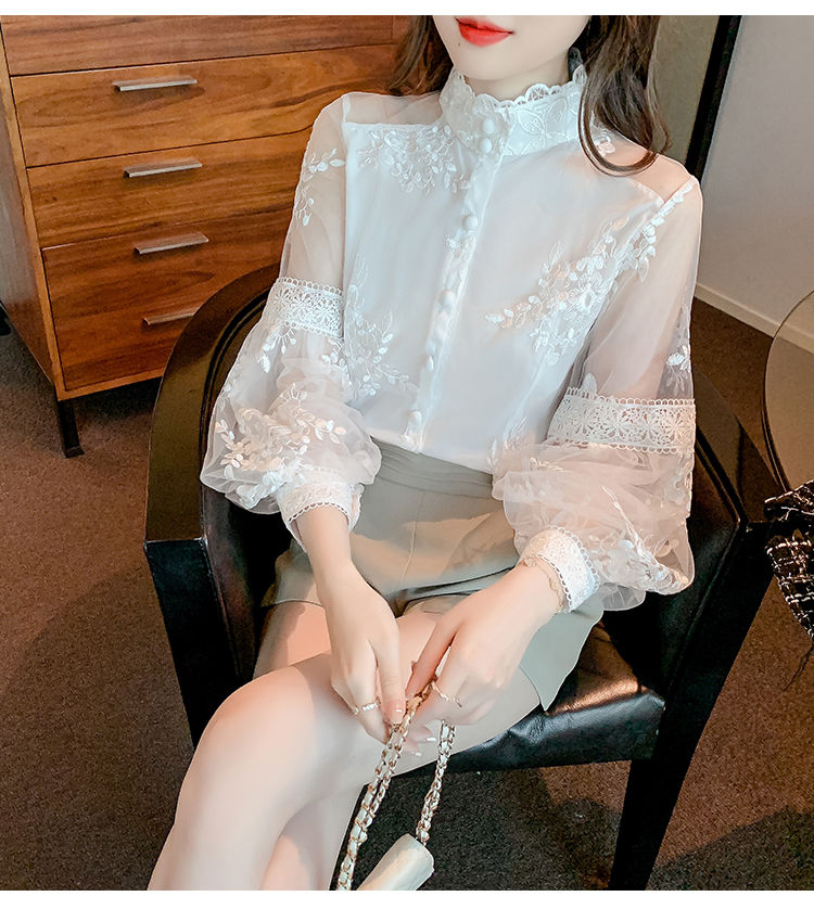 Sweet Lace Chiffon Shirts Elegant Patchwork Solid Spring Summer 2022 Stand Collar Long Lantern Sleeve Cardigan Women's Clothing