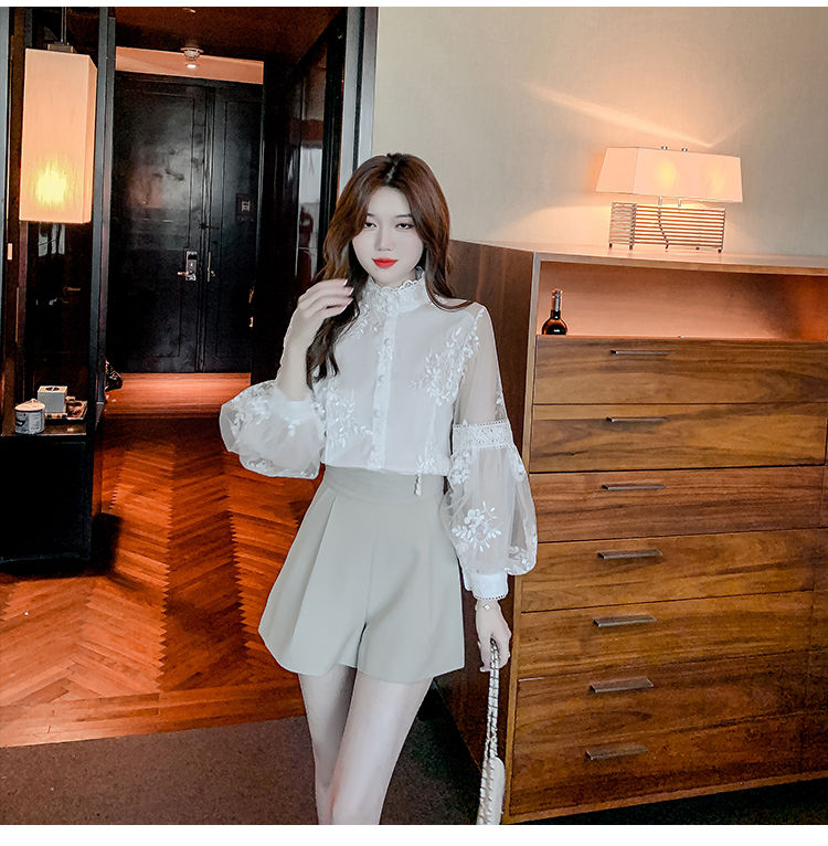 Sweet Lace Chiffon Shirts Elegant Patchwork Solid Spring Summer 2022 Stand Collar Long Lantern Sleeve Cardigan Women's Clothing