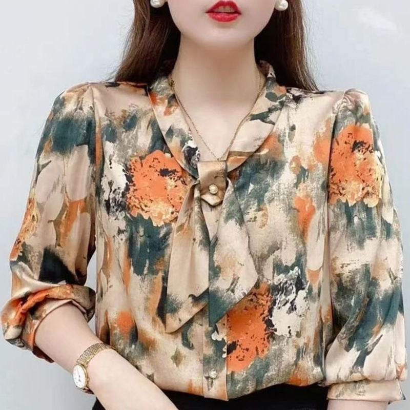 Women Chiffon Blouses Shirts Lady Casual Half Sleeve Bow Tie Collar Printed Blouses Tops Spring Summer Blouse Women Clothing