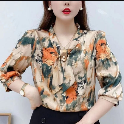 Women Chiffon Blouses Shirts Lady Casual Half Sleeve Bow Tie Collar Printed Blouses Tops Spring Summer Blouse Women Clothing