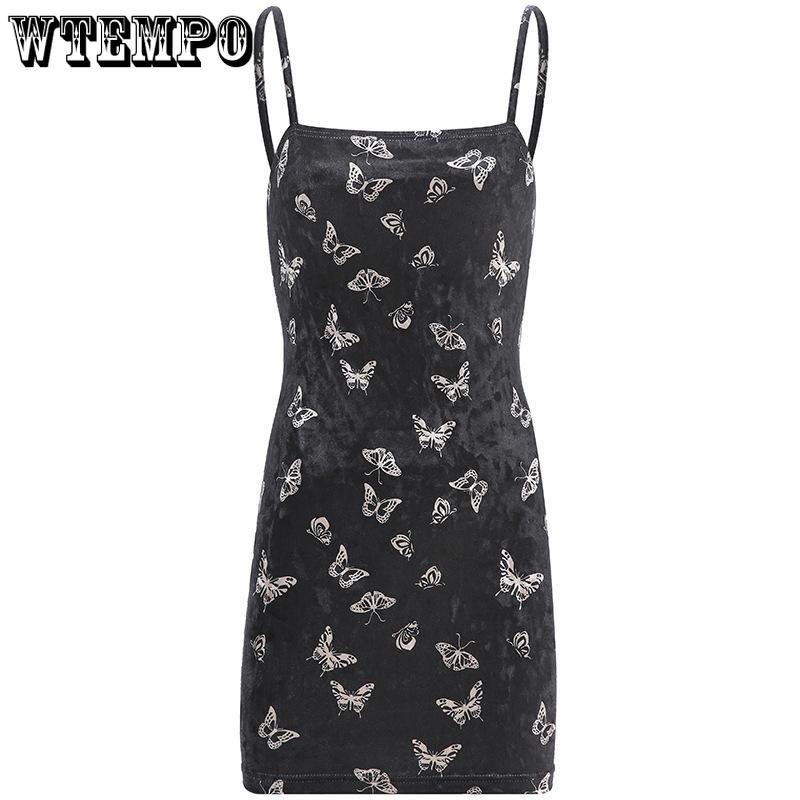 Butterfly Print Women Black Dress Gothic Spaghetti Strap Off Shoulder Dresses Print Dress Sexy