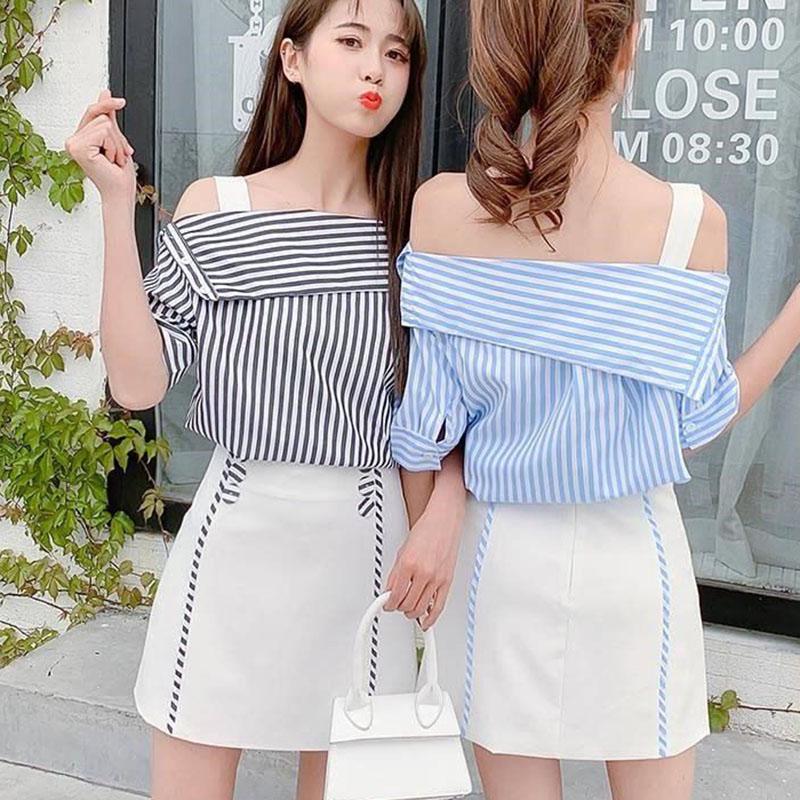 Summer Skirt Set Women Strap Off-Shoulder Striped Shirt Short Skirt Two-piece Set Fashion