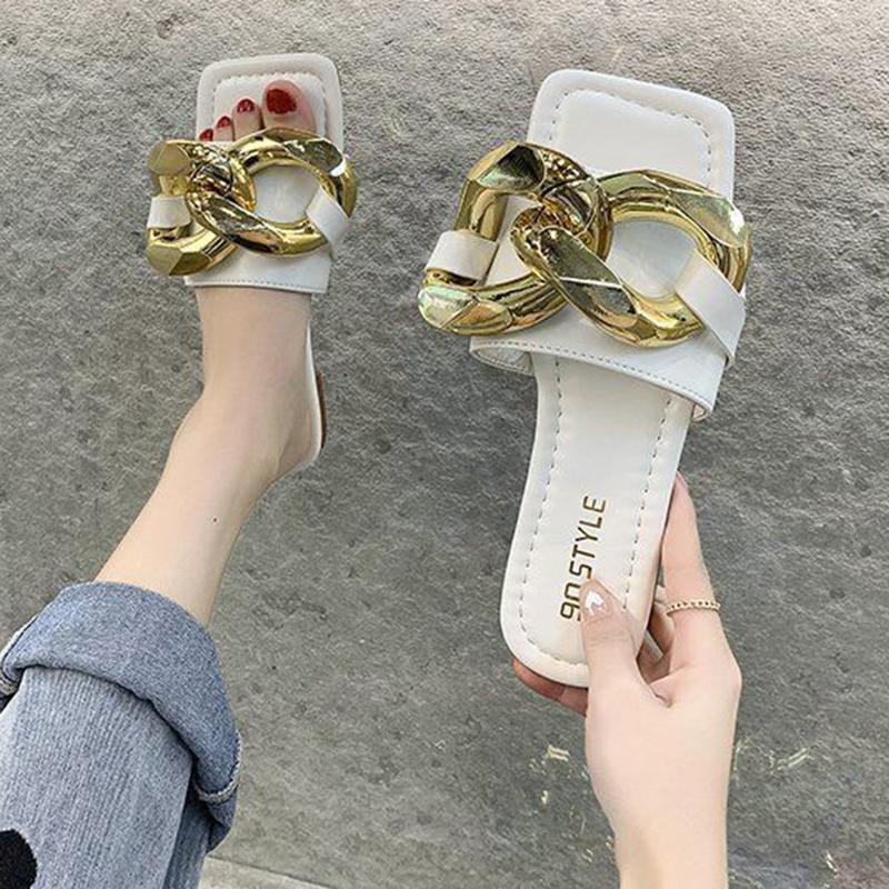 Fashion Chain Flat Sandals Slippers Women Summer Wear All-match Open-toed Sandals Women