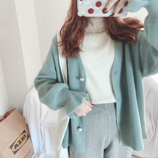 Winter Women's Short Loose Warm Sweater Jacket Sweet Ruffle Sleeve Knit Cardigan Student