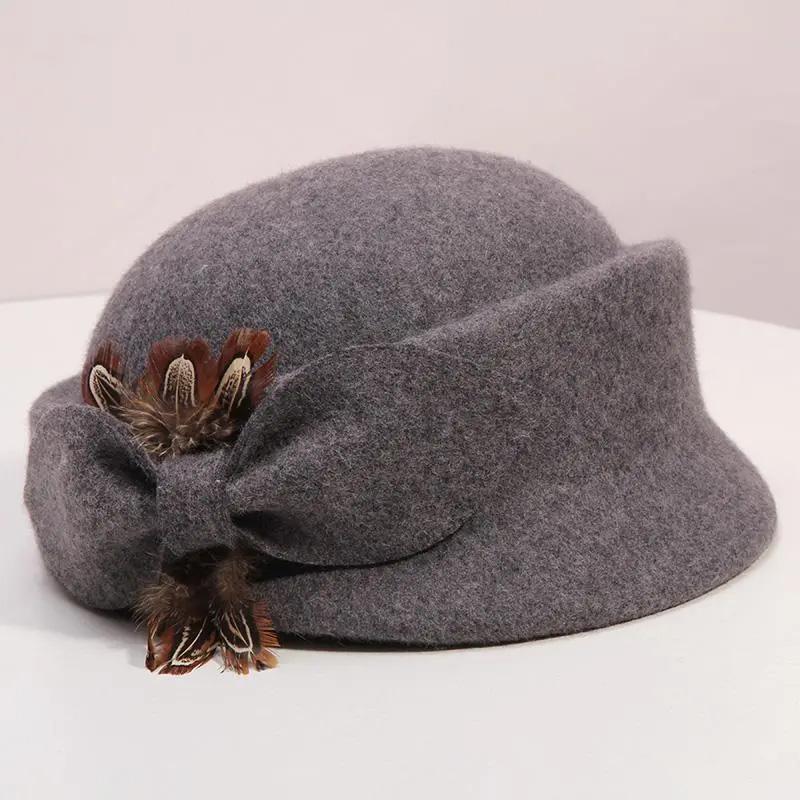 Women's Winter Elegant Hat Retro Vintage Feather Bow Woolen Beret Top Hat Simple Style All-match Round Bucket Beret Hat Fedoras