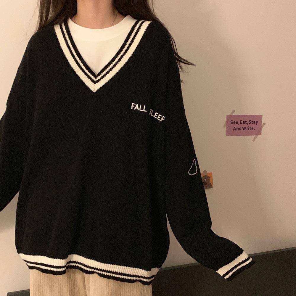 Pofulove Winter College Style V-neck Sweater Bottoming Sweater Female Korean Loose Long-sleeved Coat