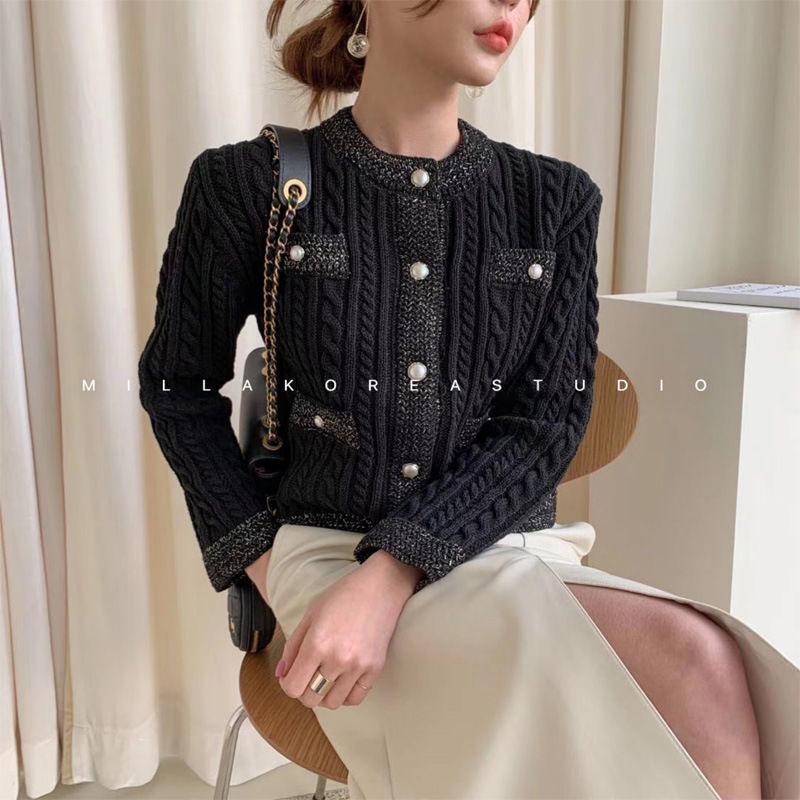 Autumn and Winter Short Knitted Sweater Pure Color Pearl Button Cardigan Top Fashion Simple Female Jacket