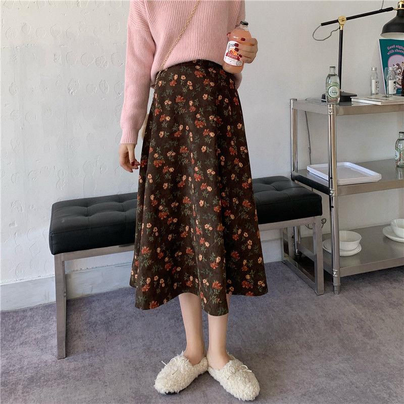 Corduroy Skirt Female Autumn and Winter Long Floral A-line Skirt Ins Super Fairy Thin Student Loose Long Skirt