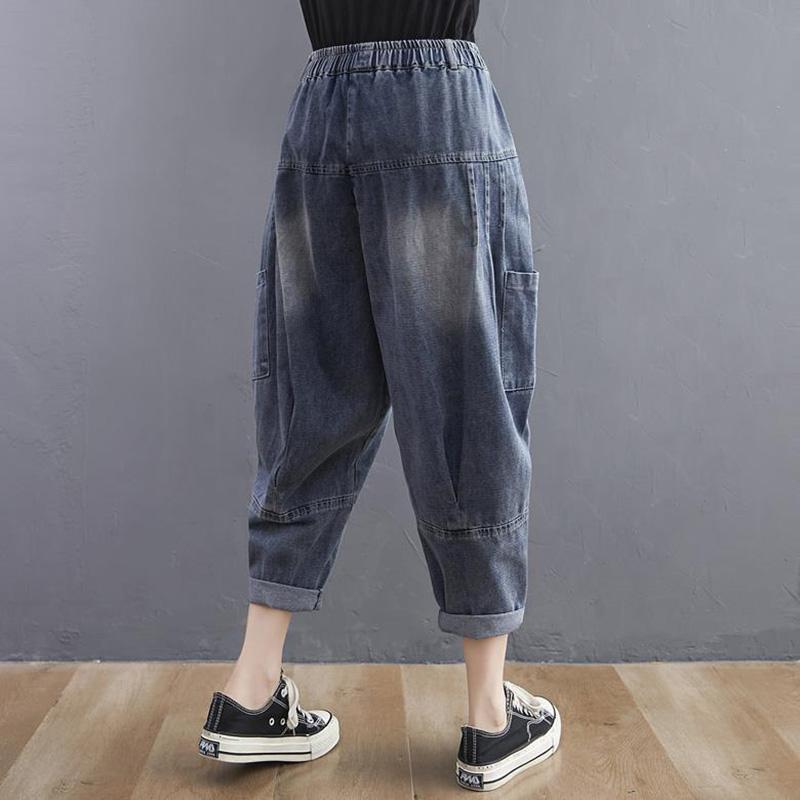 WTEMPO Summer Harem Pants Plus Size Elastic Waist Women's Jeans Loose Wide Leg Straight  Denim Big Pocket Trousers