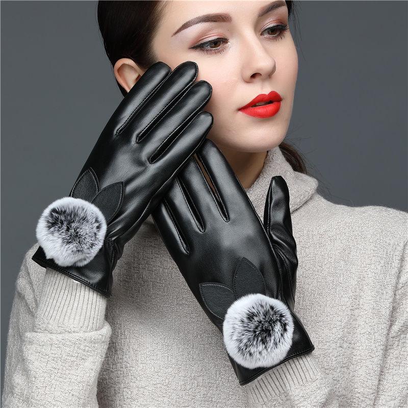 Leather gloves Thick gloves Woman fashion gloves Plush Cotton gloves Windproof gloves Winter Warm