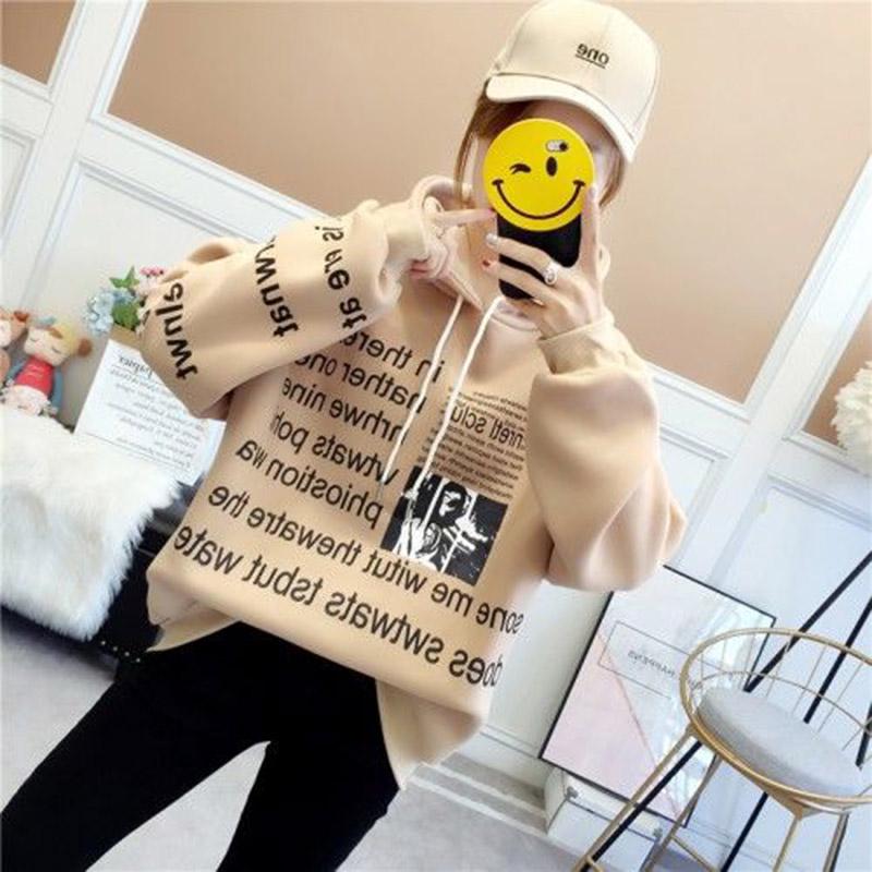 Cotton women's sweatshirt wild large size long sleeve warm hooded tops autumn and winter sweater