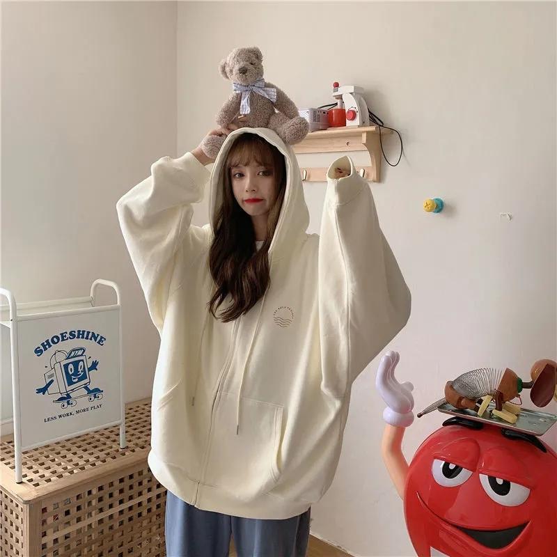 Hooded Cardigan Sweater Female Student Mid-length Top Coat Ins Spring/summer Korean Loose All-match Jacket Zipper Coat Long-sleeved Hooded Sweater