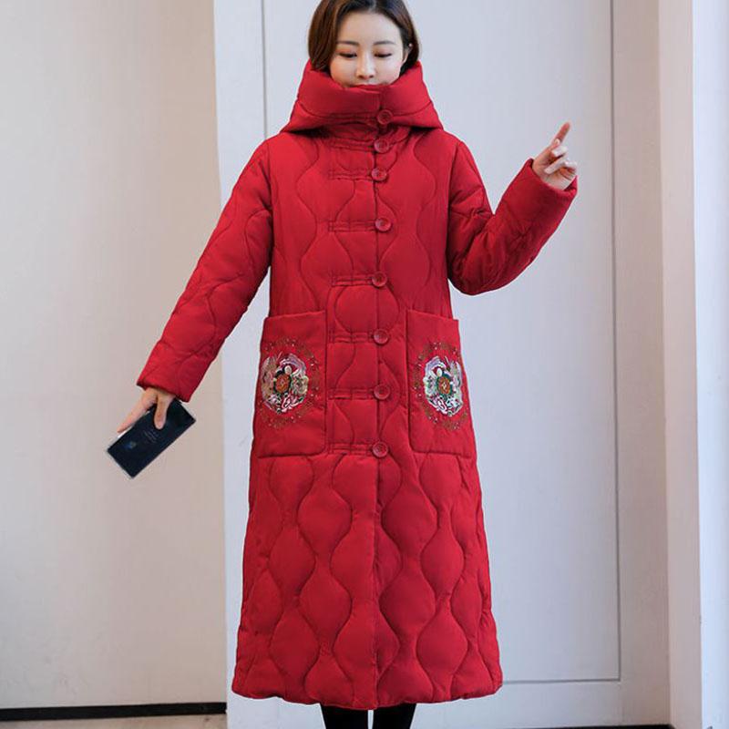 Winter Women's Down Jacket Retro Embroidery Long Cotton Jacket Thick Warmth Folk Style Over-the-knee Windbreaker Jacket