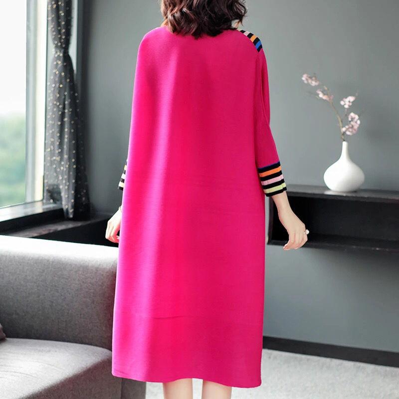 Ladies Dress V-neck Large Size Loose Solid Color Mid-length A-shaped Skirt Nine-point Sleeves