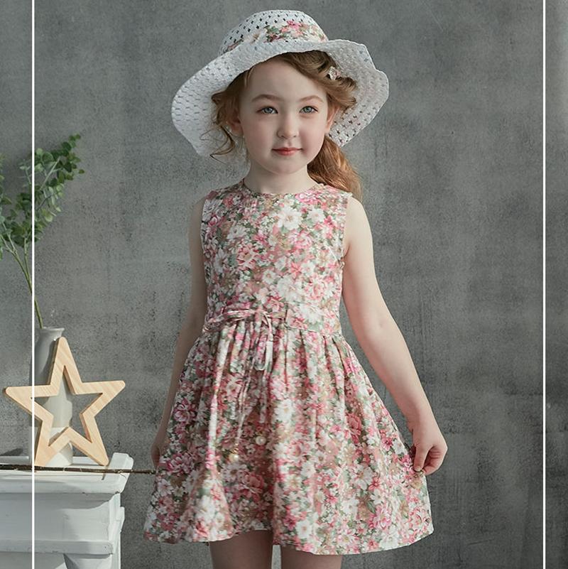 2PCS/Set Girls Dress +Hat Cotton Comfortable Children's Dress Summer Dress Floral Girls' Sleeveless Dress For Children