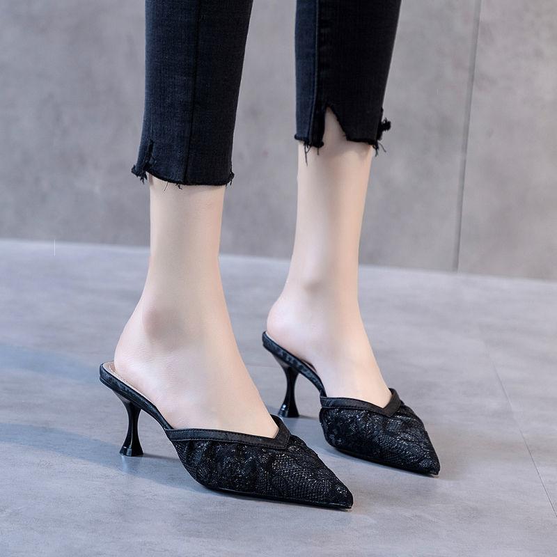 Hollow Half Slippers Women's Summer Fashion Wear Mesh Gauze All-match Pointed Toe Stiletto Sexy High Heels