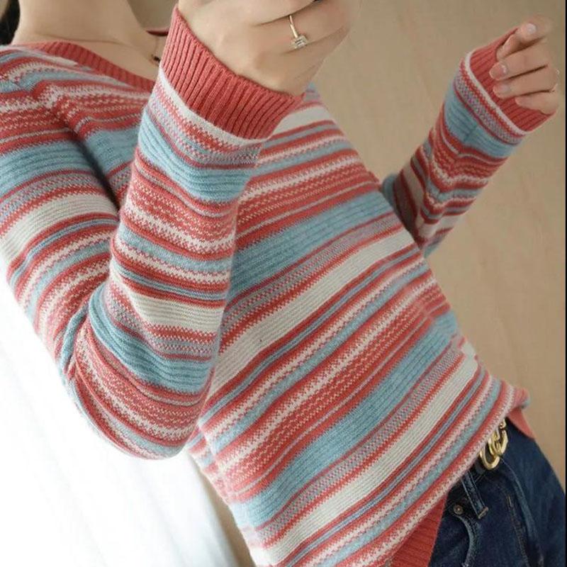 Autumn and Winter Color Matching Sweater Loose Large Size V-neck Top Fashion Knitted Women's Bottoming Shirt