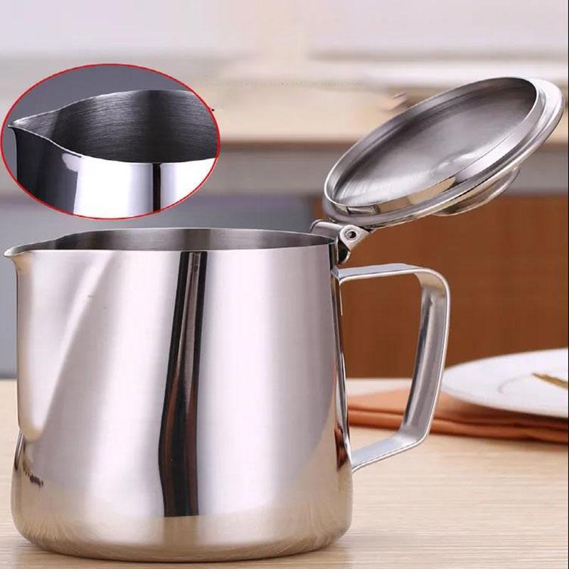 Milk Frothing Pitcher Jug with Lid and Measurment - Upgraded Thicken 304 Stainless Steel Measuring Cups Coffee Foam Container