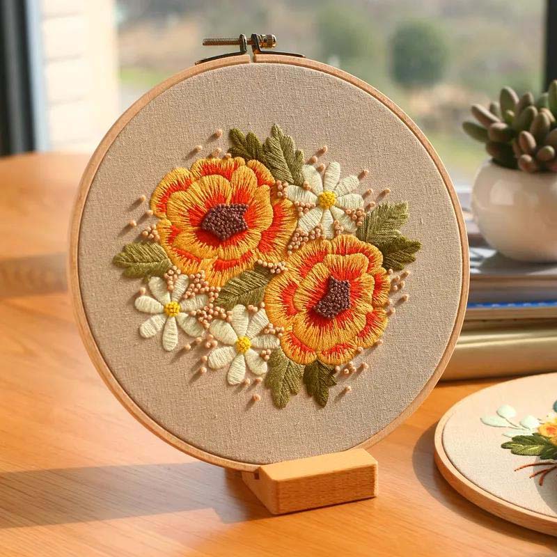 Floral Hand Cross Stitch Embroidery Cloth Starter Kits Needlepoint Color Threads Bamboo Hoop DIY