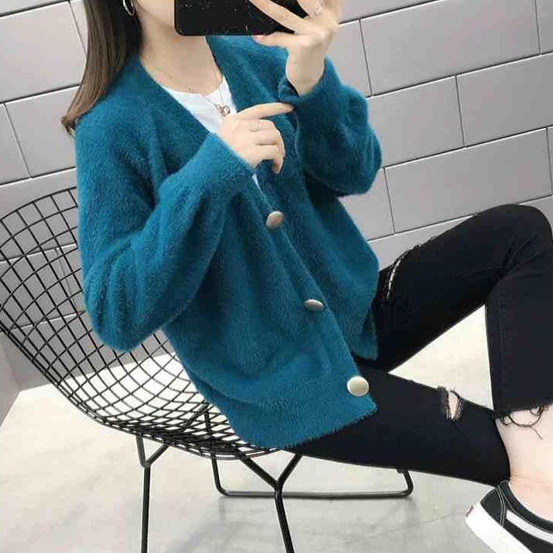 Autumn and Winter Mohair Knitted Jacket Cardigan Simple Casual Sweater Loose Long-sleeved Women's Top